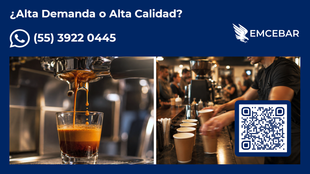 Ejemplo de preparación de café de especialidad con crema espesa para espresso en cafetería local y de preparación de varios cafés americanos preparados simultáneamente en local comercial - EMCEBAR