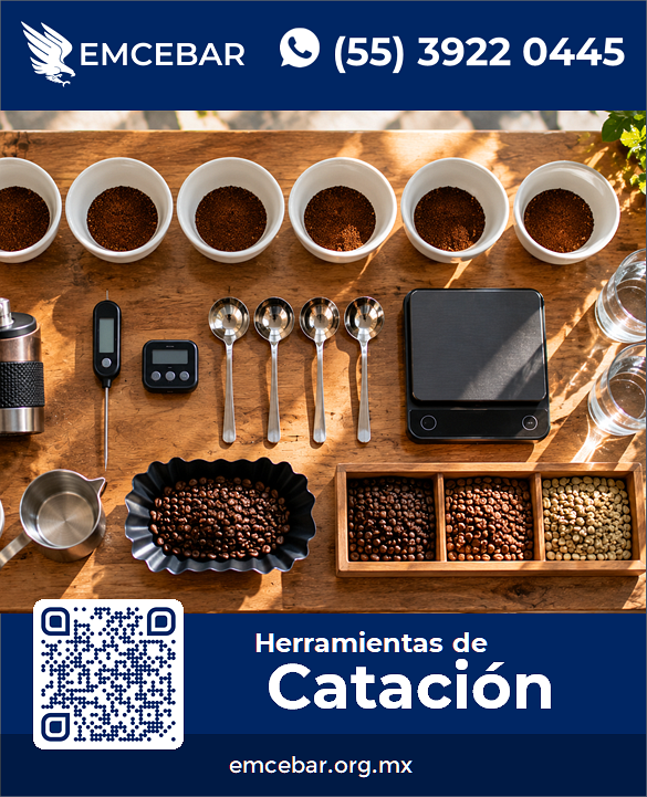 mesa con ejemplo de herramientas de catación o cata de café